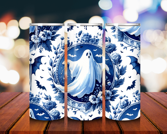 Blue Toile Vintage Ghost 20oz Tumbler Elegant Pierre‑de‑Toile Spooky Cup with Lid & Straw Ghost Lover Drinkware halloween cup ghost cup