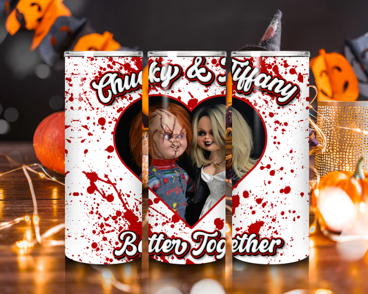 Chucky & Tiffany "Better Together" Horror Tumbler 20oz Skinny Blood Splatter Cup