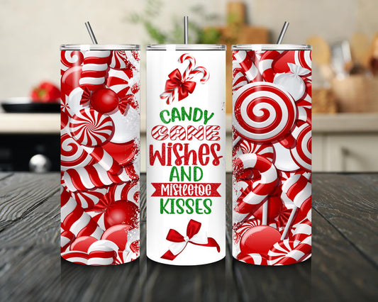 Candy Cane Wishes Mistletoe Kisses Tumbler Christmas Cup with Red & White Candy Cane cup xmas gift christmas gift for her gift for him