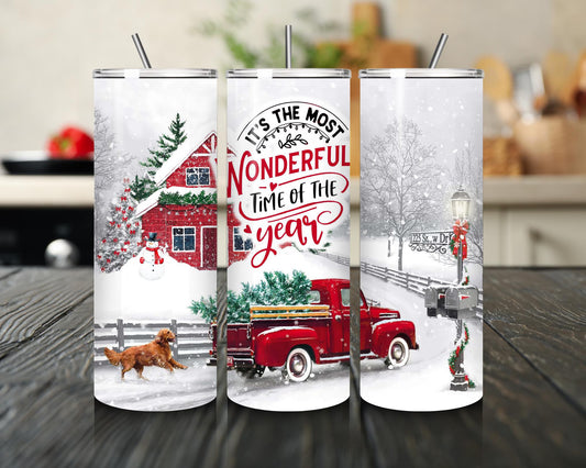 Most Wonderful Time of Year Tumbler Christmas Cup w/ Red Truck Vintage Holiday Gift xmas gift christmas gift for her best friend gift