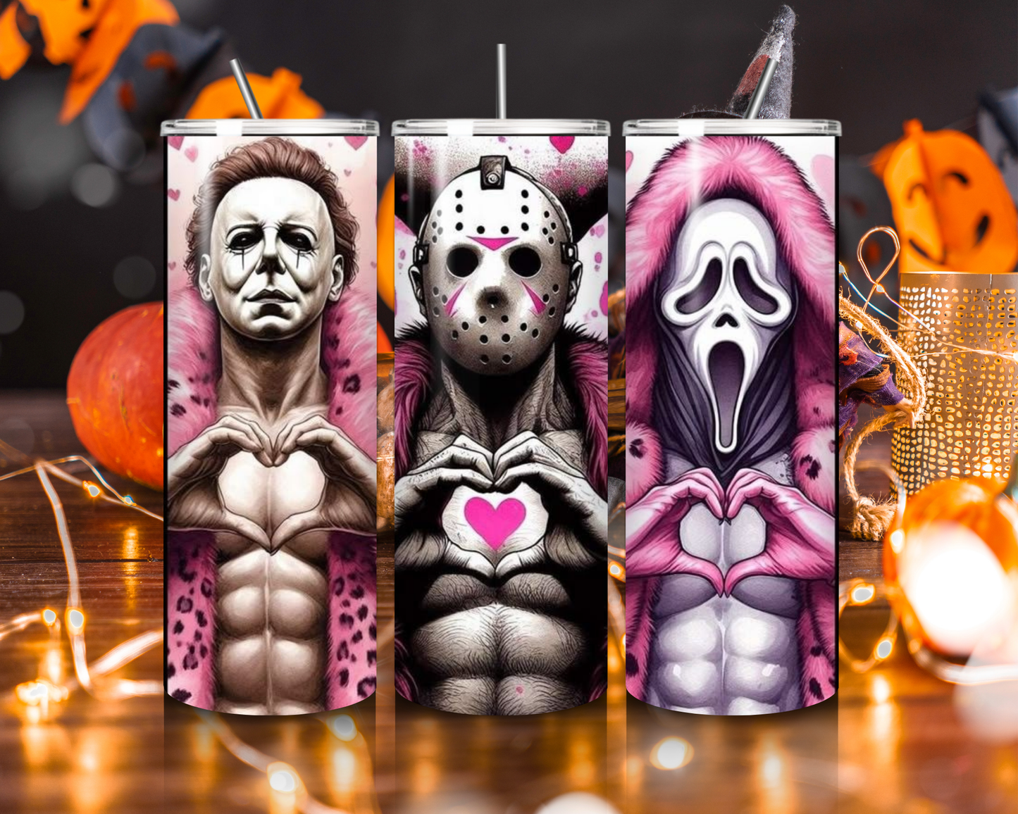 Horror Heartthrobs 20oz Tumbler – Jason, Michael, Scream in Pink – Valentine's Horror Cup with Straw