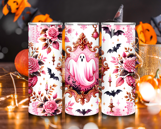 Pink Toile Vintage Ghost 20oz Tumbler Elegant Pierre‑de‑Toile Spooky Cup with Lid & Straw Ghost Lover Drinkware halloween cup ghost cup
