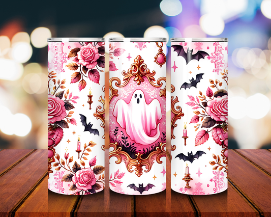 Pink Toile Vintage Ghost 20oz Tumbler Elegant Pierre‑de‑Toile Spooky Cup with Lid & Straw Ghost Lover Drinkware halloween cup ghost cup