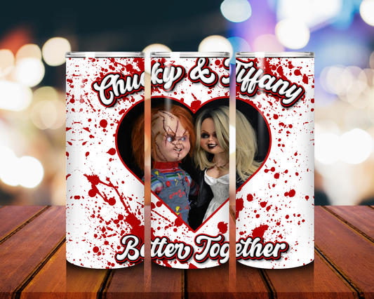 Chucky & Tiffany "Better Together" Horror Tumbler 20oz Skinny Blood Splatter Cup