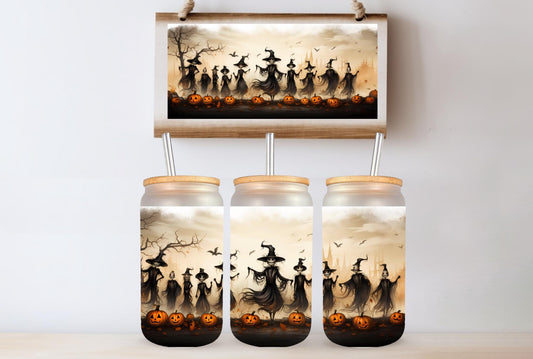 Witchy Scarecrows Dancing in Pumpkin Field 16oz Glass Can Clear or Frosted Spooky Autumn Tumbler with Glass Straw Halloween Fall Vibes
