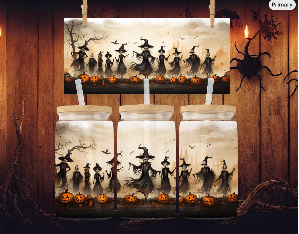Witchy Scarecrows Dancing in Pumpkin Field 16oz Glass Can Clear or Frosted Spooky Autumn Tumbler with Glass Straw Halloween Fall Vibes