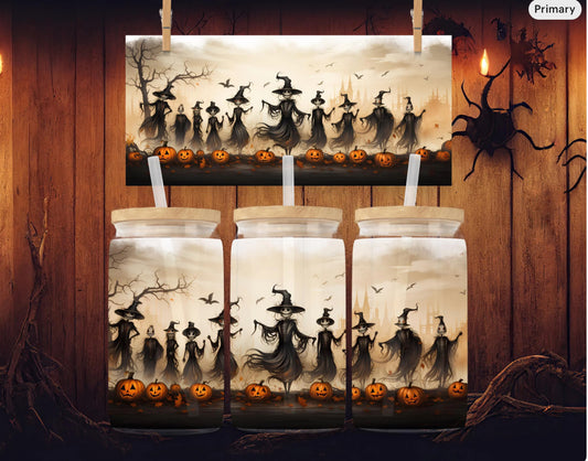 Witchy Scarecrows Dancing in Pumpkin Field 16oz Glass Can Clear or Frosted Spooky Autumn Tumbler with Glass Straw Halloween Fall Vibes