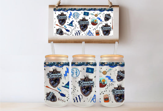 House Glass Can Tumbler – Blue mug OWL cup raven mug Blue cup House merch House merch hp gift hp