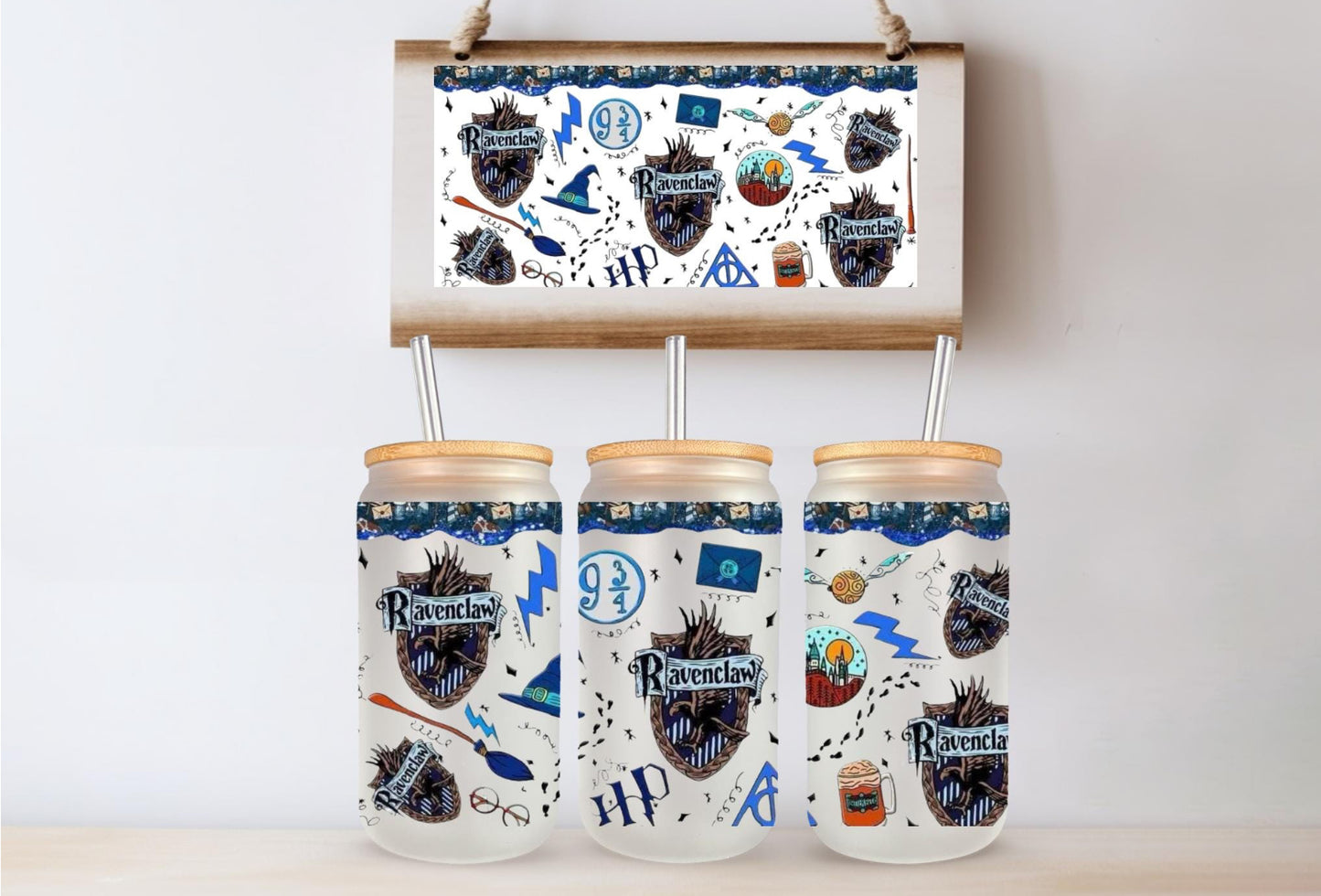 House Glass Can Tumbler – Blue mug OWL cup raven mug Blue cup House merch House merch hp gift hp