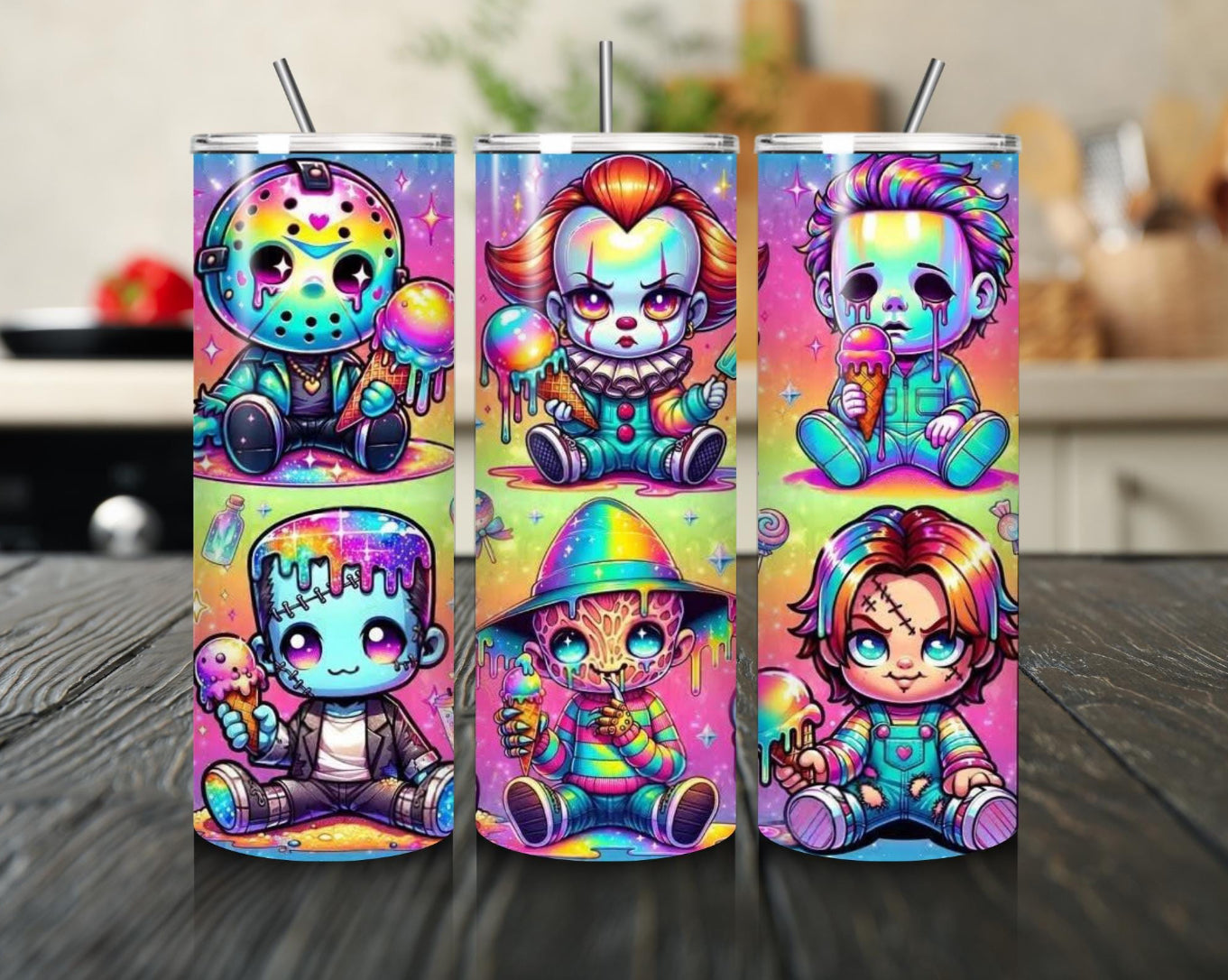 Horror Baby Tumble Slasher Ice Cream Cup Neon Rainbow Chucky Freddy Jason Clown Pastel Goth cup best friend gift for her gift for him