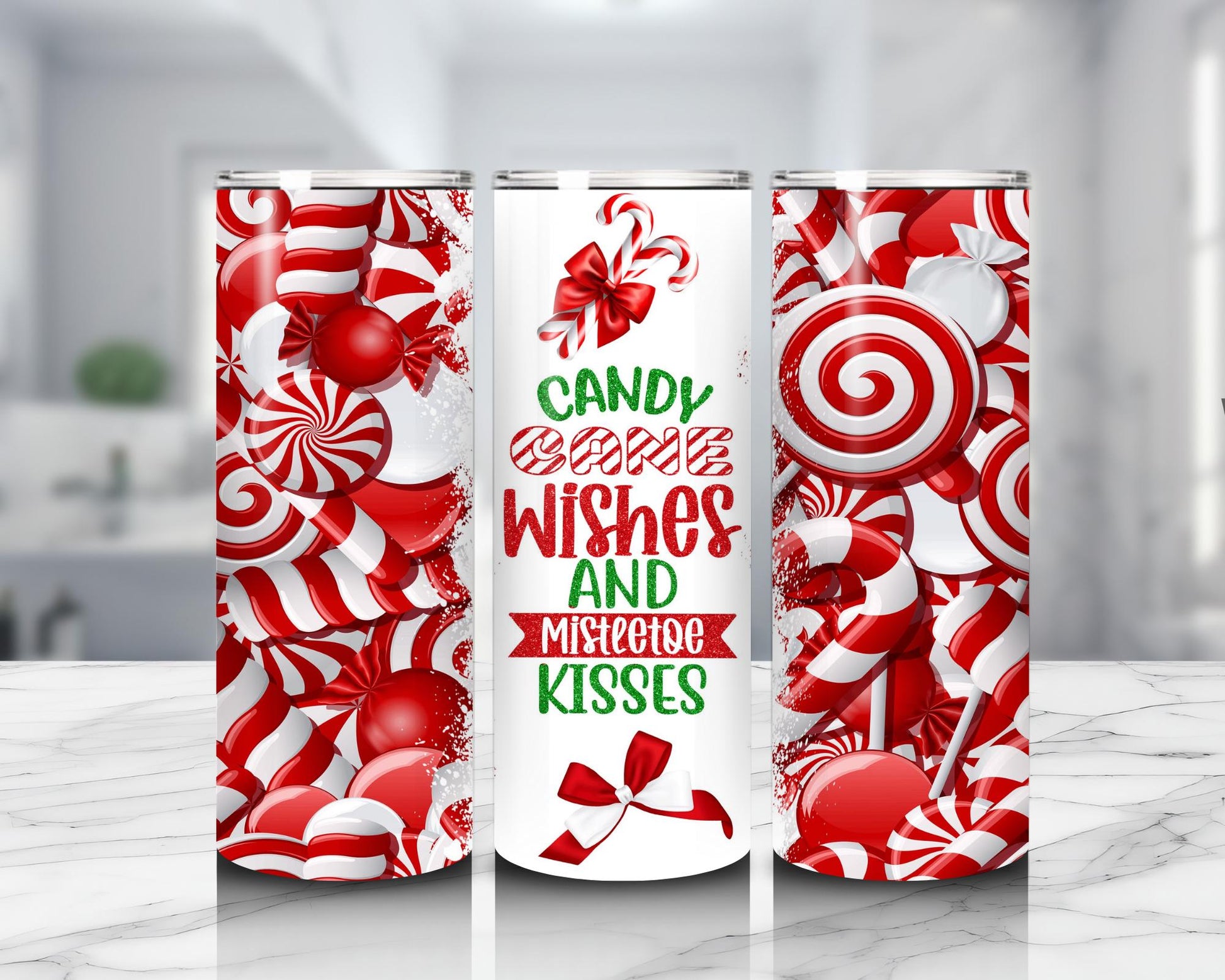 Candy Cane Wishes Mistletoe Kisses Tumbler Christmas Cup with Red & White Candy Cane cup xmas gift christmas gift for her gift for him
