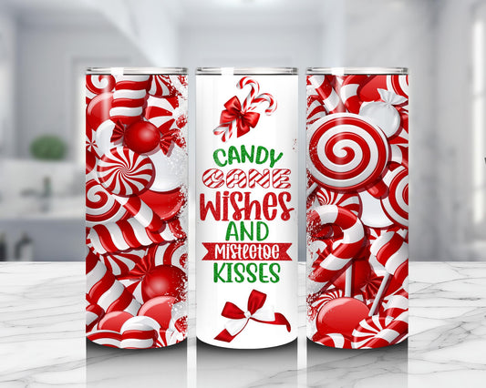 Candy Cane Wishes Mistletoe Kisses Tumbler Christmas Cup with Red & White Candy Cane cup xmas gift christmas gift for her gift for him