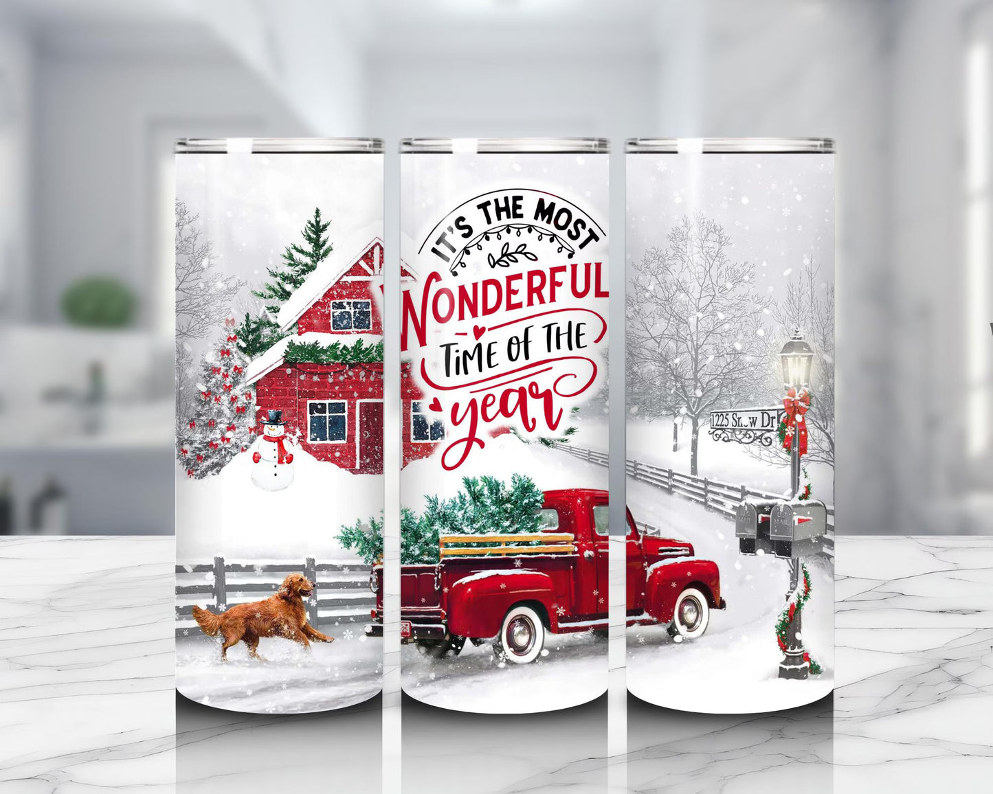 Most Wonderful Time of Year Tumbler Christmas Cup w/ Red Truck Vintage Holiday Gift xmas gift christmas gift for her best friend gift