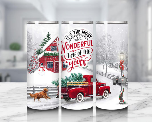 Most Wonderful Time of Year Tumbler Christmas Cup w/ Red Truck Vintage Holiday Gift xmas gift christmas gift for her best friend gift
