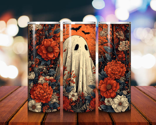 Spooky Floral Ghost 20oz Fall Vibes Tumbler with Lid & Straw Aesthetic Halloween Tumbler Cozy Boo Autumn Cup